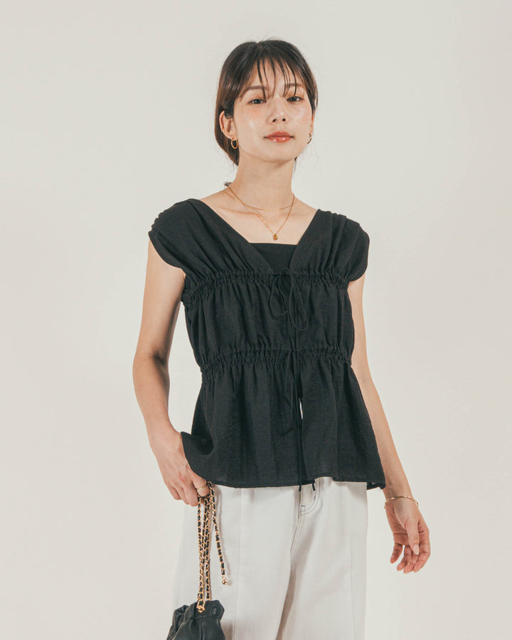 ［SET］リネンタッチShirringリボンブラウス + 10oz ニュアンスバイカラー リラックスワイドデニム（2SET）