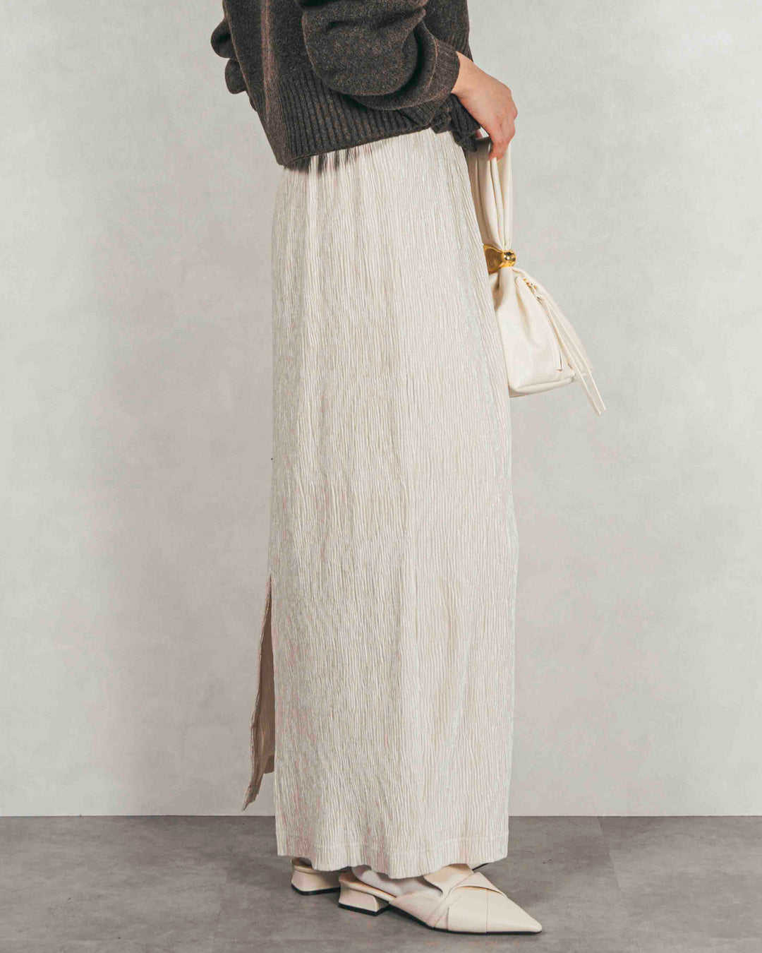 ［SET］Cloudyメランジ襟付きカーディガン+Cloudyメランジクロップドベスト+ベロアNarrowスカート（3SET）