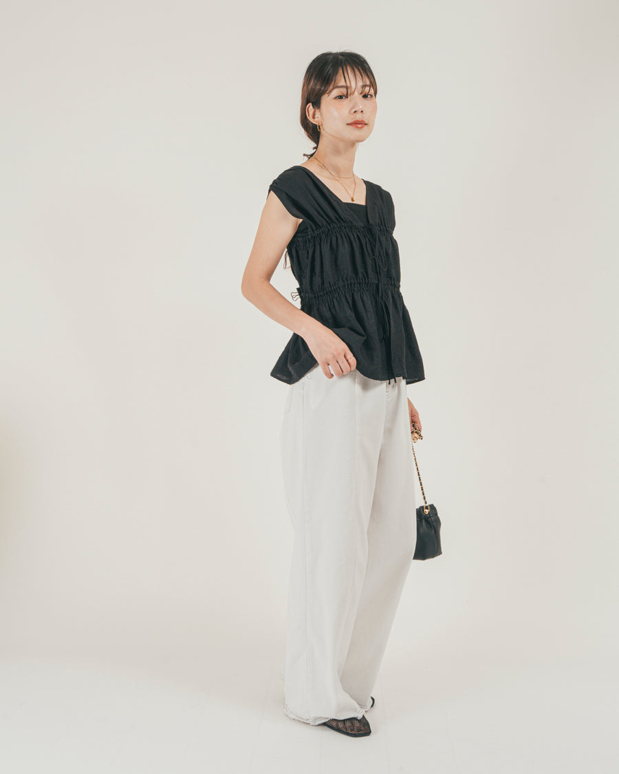 ［SET］リネンタッチShirringリボンブラウス + 10oz ニュアンスバイカラー リラックスワイドデニム（2SET）