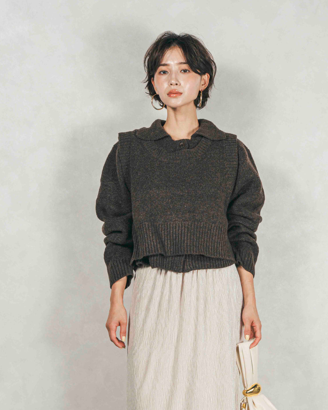 ［SET］Cloudyメランジ襟付きカーディガン+Cloudyメランジクロップドベスト+ベロアNarrowスカート（3SET）