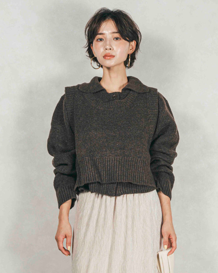 Cloudyメランジクロップドベスト (BROWN)