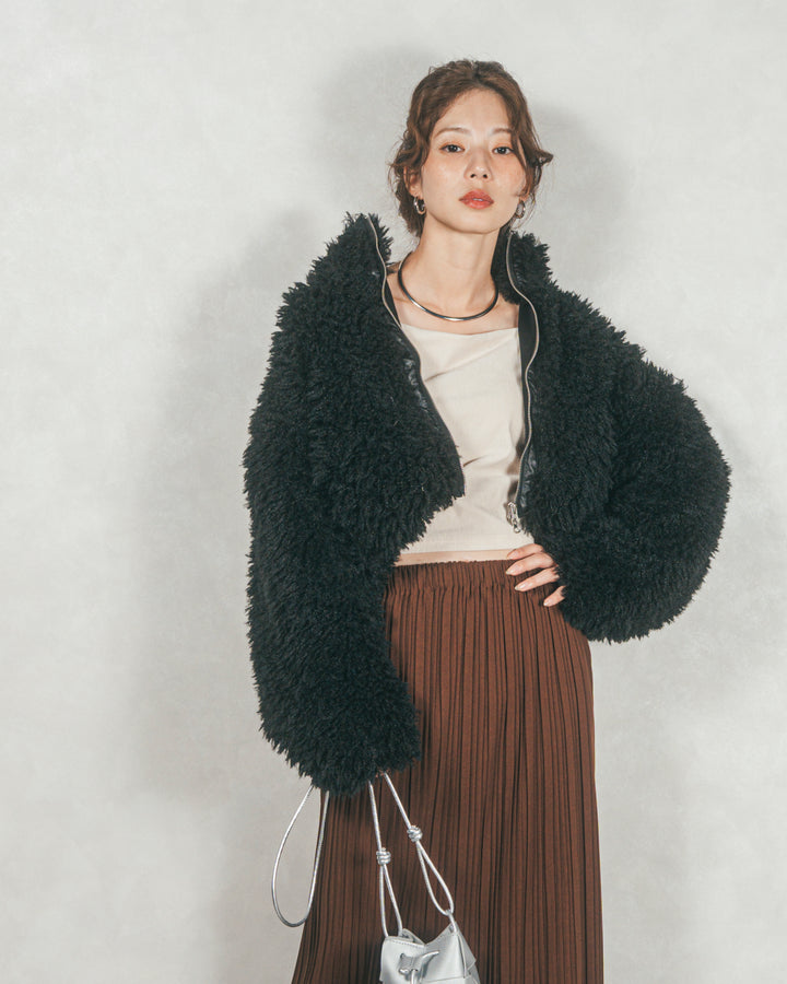 ［SET］プードルボアZipショートコート+プリーツNarrowロングスカート（2SET）