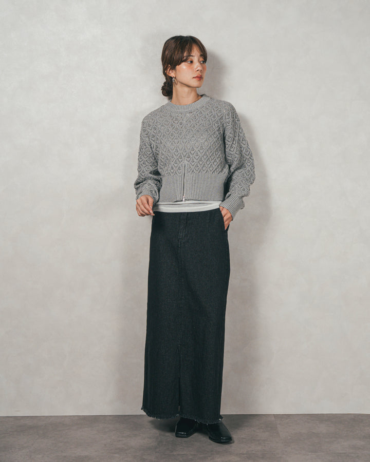 ［SET］透かし編みフロントスリットニット+フロントスリット Iラインデニムスカート（2SET）