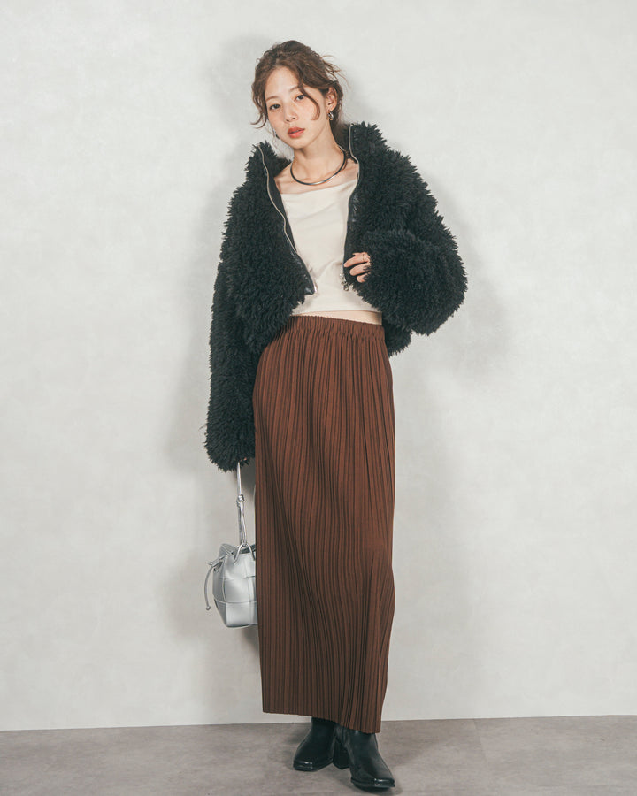 ［SET］プードルボアZipショートコート+プリーツNarrowロングスカート（2SET）