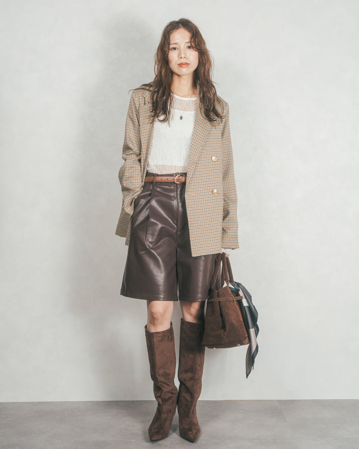 ［SET］Effortless チェックジャケット+レザーライクハーフパンツ（2SET）