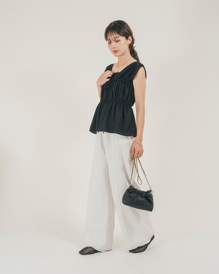 ［SET］リネンタッチShirringリボンブラウス + 10oz ニュアンスバイカラー リラックスワイドデニム（2SET）