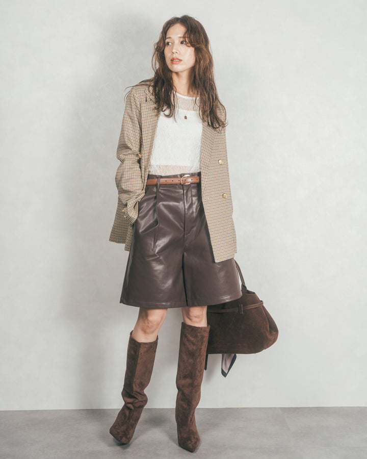 ［SET］Effortless チェックジャケット+レザーライクハーフパンツ（2SET）