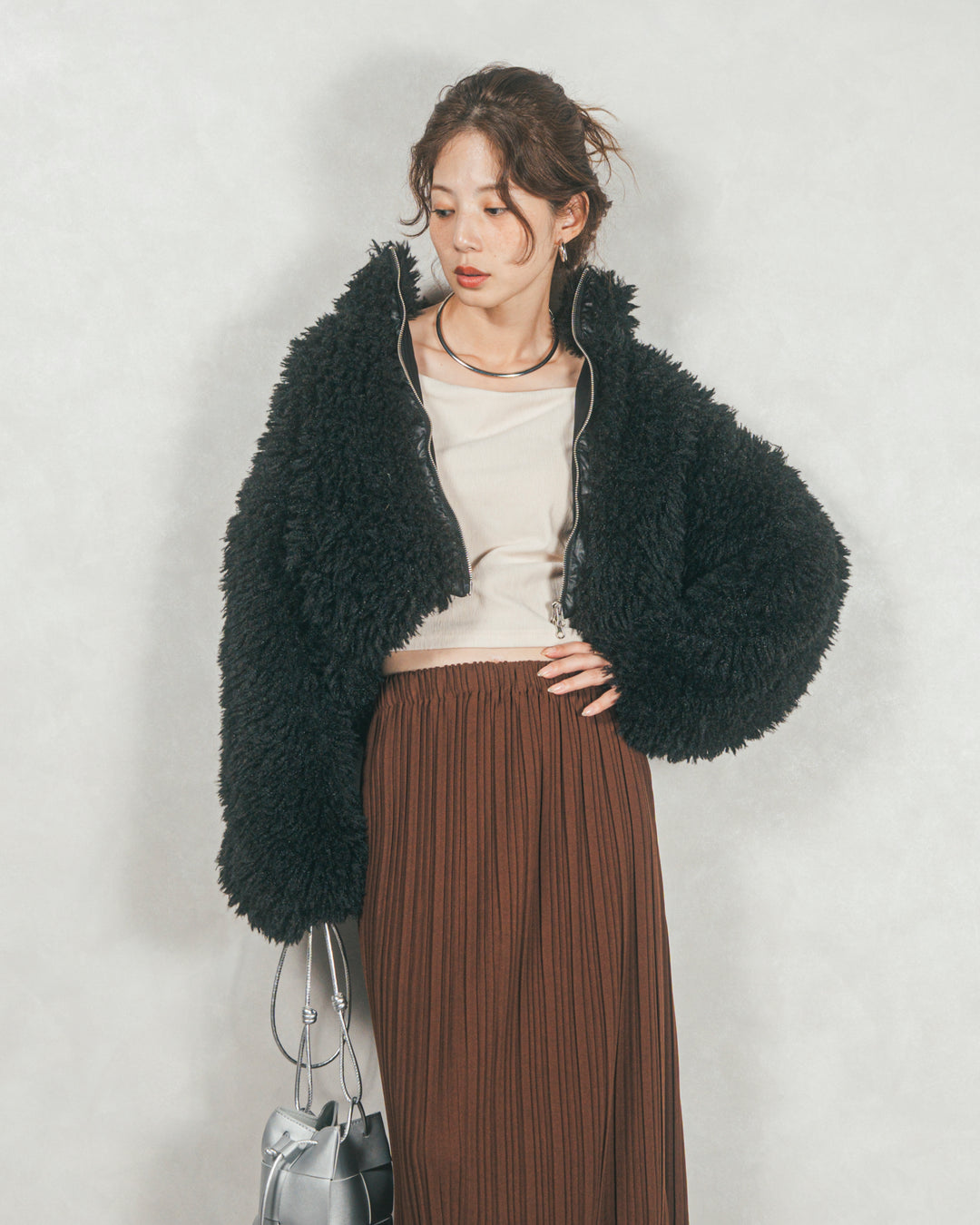 ［SET］プードルボアZipショートコート+プリーツNarrowロングスカート（2SET）