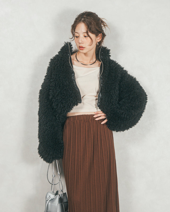 ［SET］プードルボアZipショートコート+プリーツNarrowロングスカート（2SET）