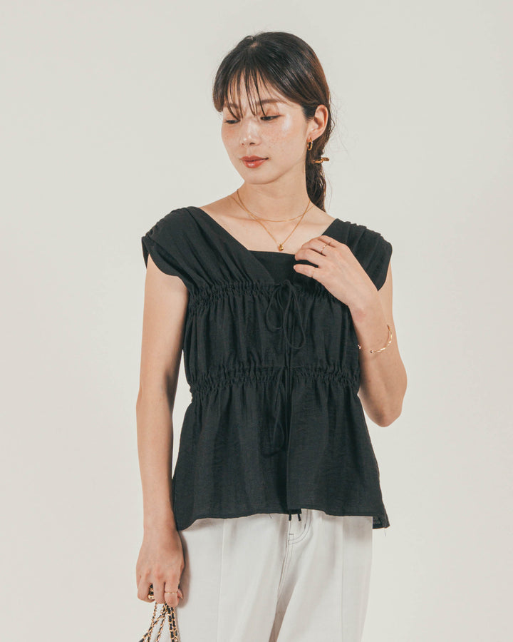 ［SET］リネンタッチShirringリボンブラウス + 10oz ニュアンスバイカラー リラックスワイドデニム（2SET）