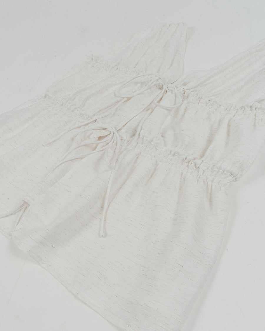 ［SET］リネンタッチShirringリボンブラウス + 10oz ニュアンスバイカラー リラックスワイドデニム（2SET）