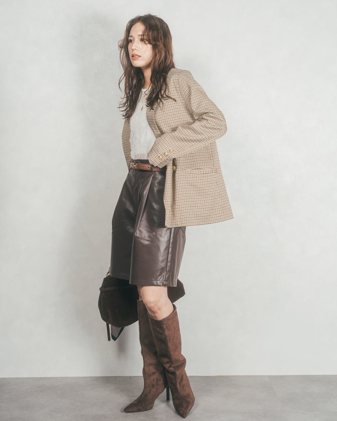 ［SET］Effortless チェックジャケット+レザーライクハーフパンツ（2SET）