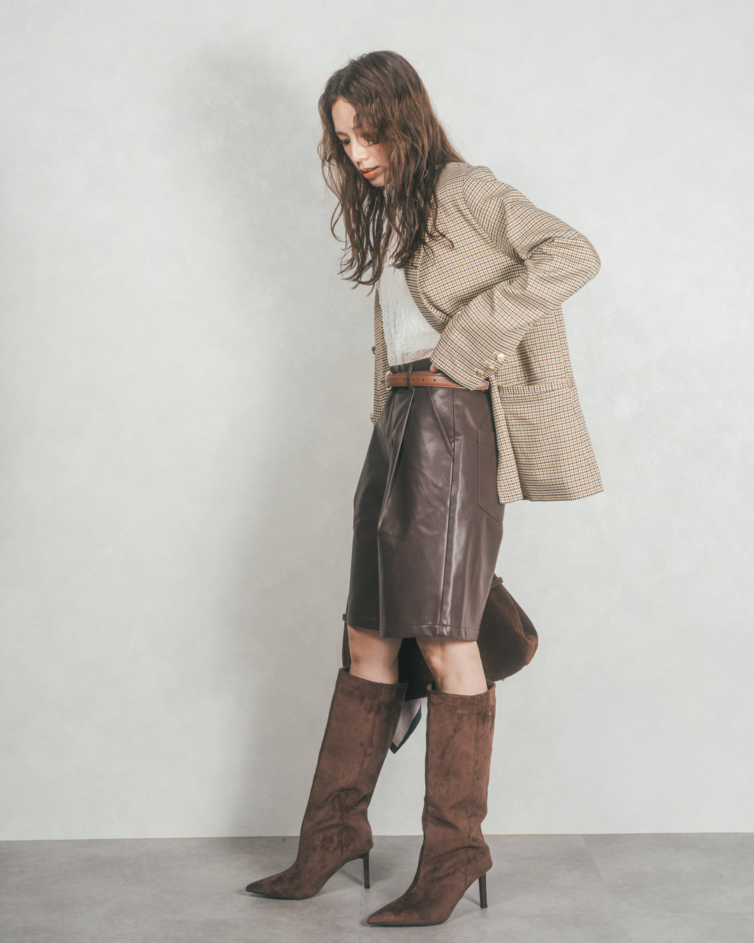 ［SET］Effortless チェックジャケット+レザーライクハーフパンツ（2SET）
