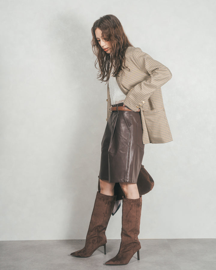 ［SET］Effortless チェックジャケット+レザーライクハーフパンツ（2SET）