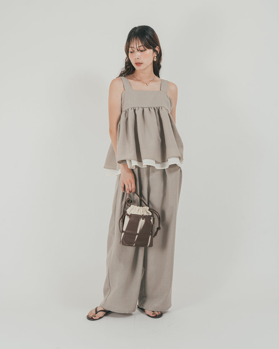 ［SET］スラブTweedバイカラーティアードキャミ + スラブTweedタックワイドパンツ（2SET）