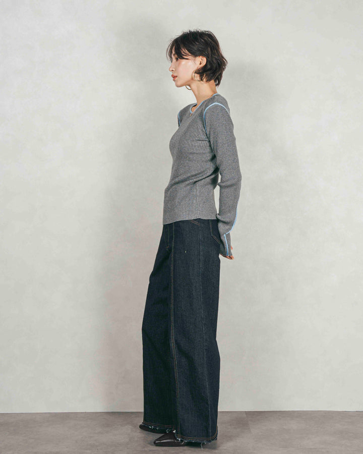 ［SET］バイカラークルーネックニットトップス+センターシーム リラックスワイドデニム（2SET）