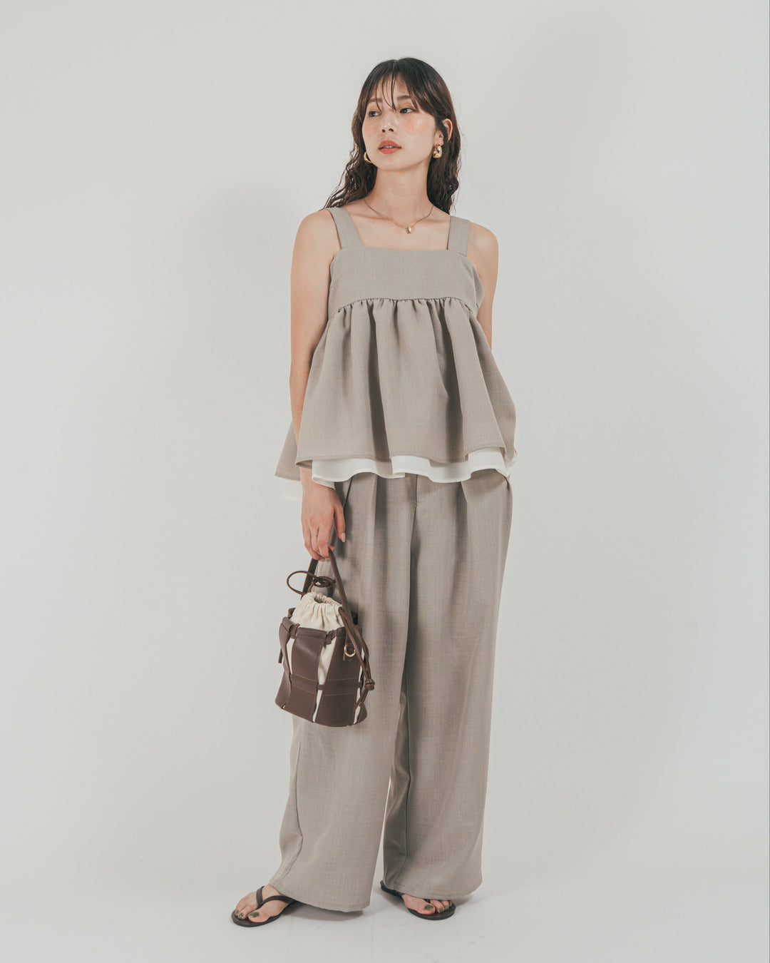 スラブTweedタックワイドパンツ