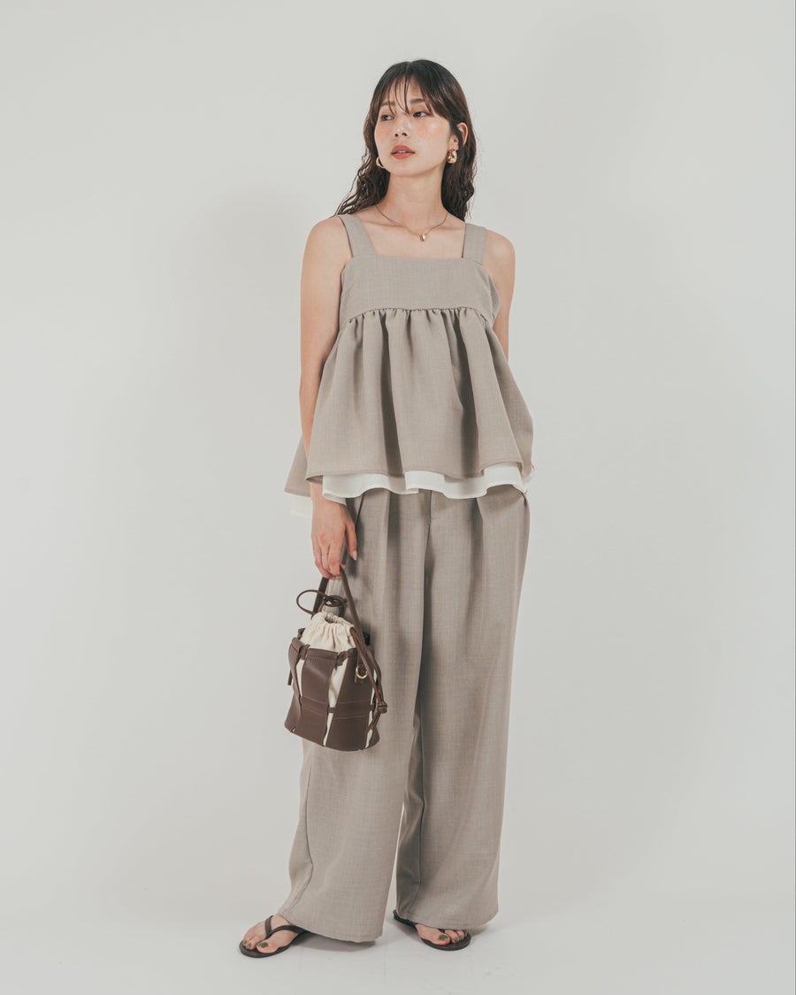 ［SET］スラブTweedバイカラーティアードキャミ + スラブTweedタックワイドパンツ（2SET）
