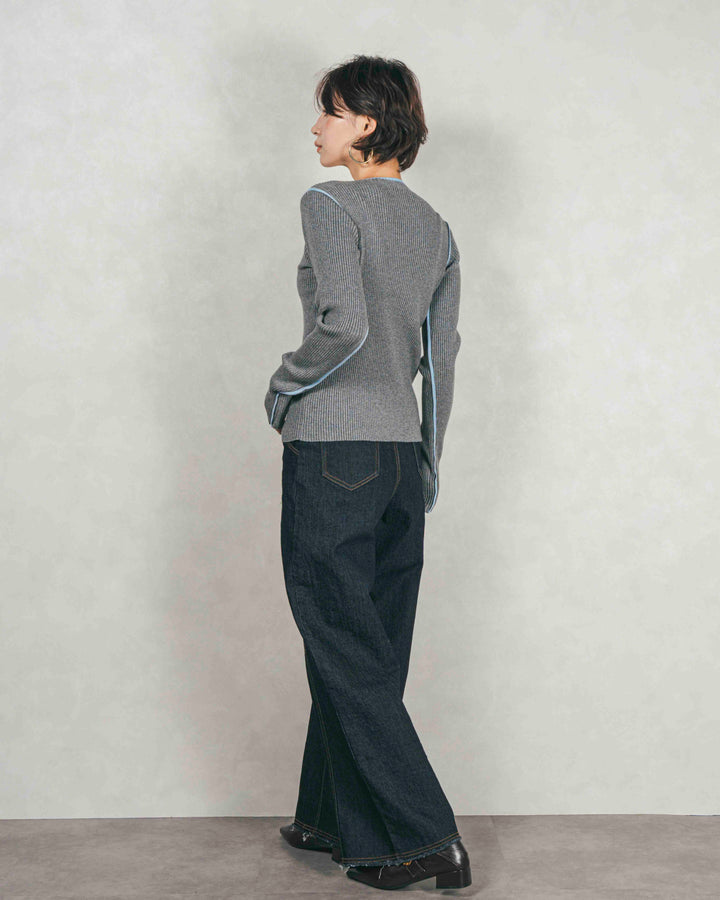 ［SET］バイカラークルーネックニットトップス+センターシーム リラックスワイドデニム（2SET）