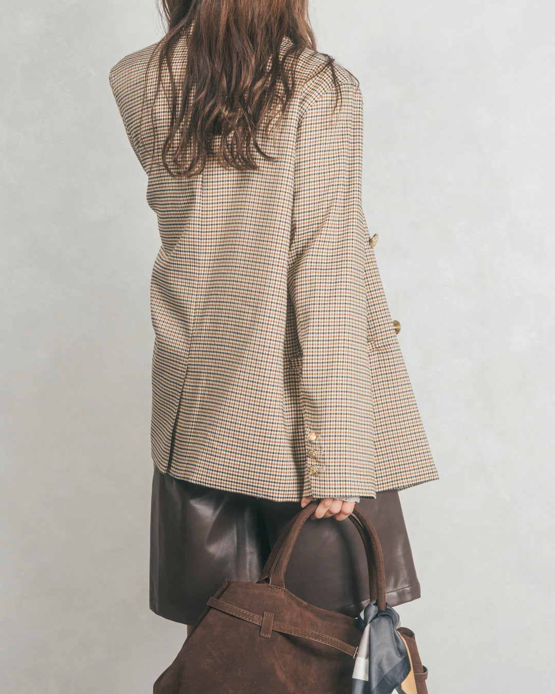 ［SET］Effortless チェックジャケット+レザーライクハーフパンツ（2SET）