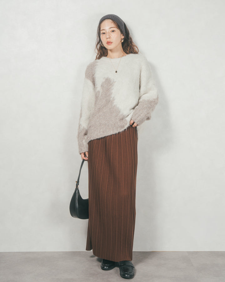 ［SET］ニュアンスグラデーションShaggyニット+プリーツNarrowロングスカート（2SET）