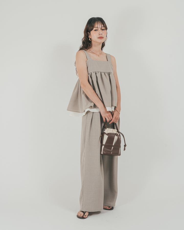 ［SET］スラブTweedバイカラーティアードキャミ + スラブTweedタックワイドパンツ（2SET）