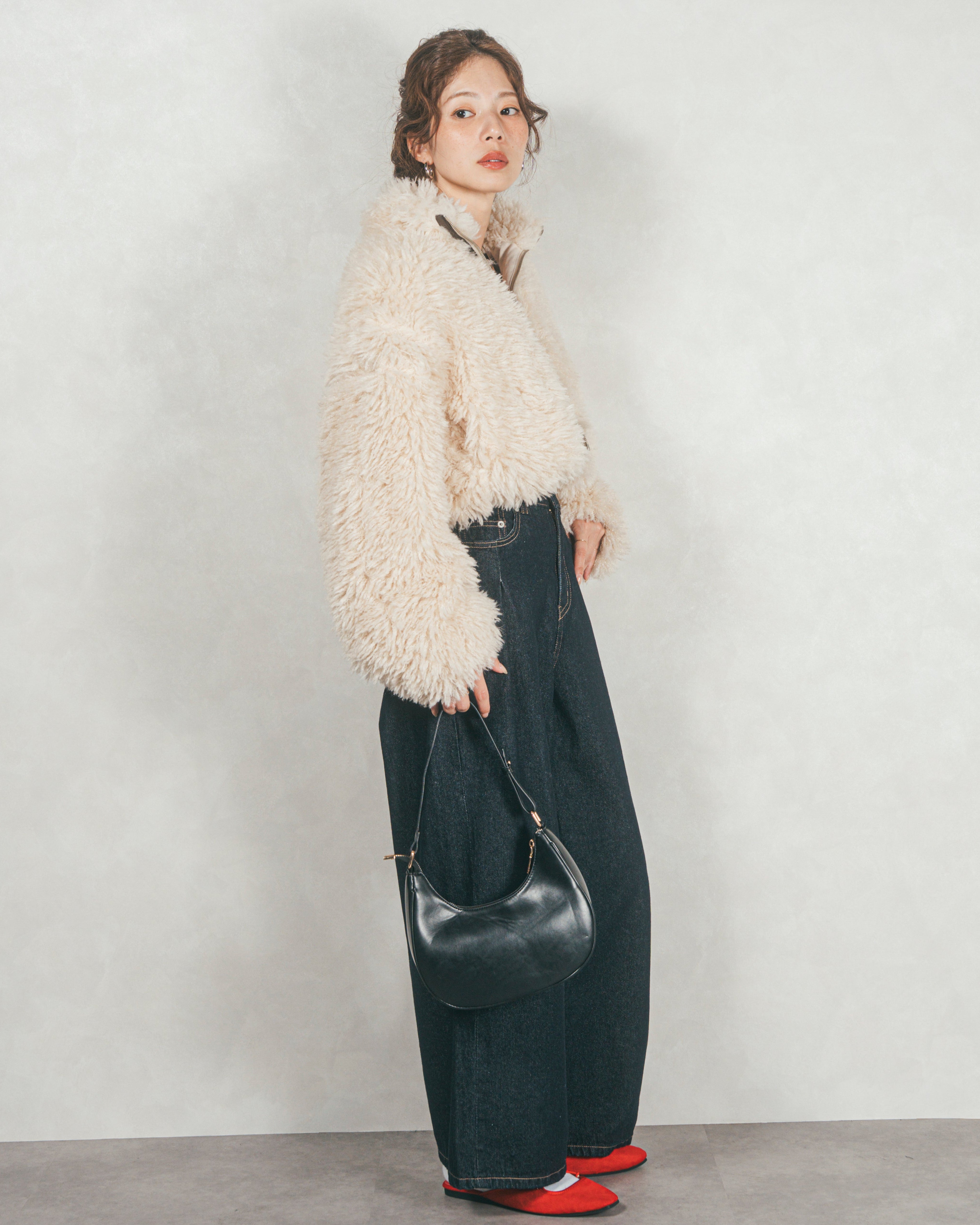 SET］プードルボアZipショートコート+ワイドTuckイージーデニム（2SET