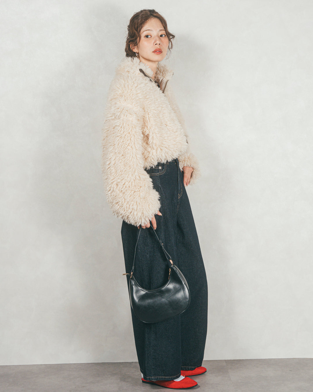 ［SET］プードルボアZipショートコート+ワイドTuckイージーデニム（2SET）