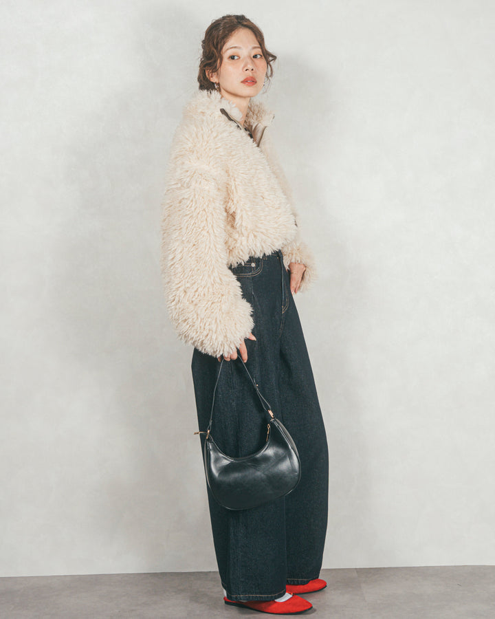 ［SET］プードルボアZipショートコート+ワイドTuckイージーデニム（2SET）