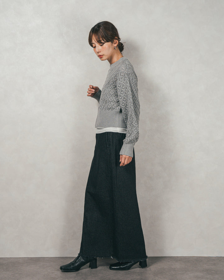 ［SET］透かし編みフロントスリットニット+フロントスリット Iラインデニムスカート（2SET）