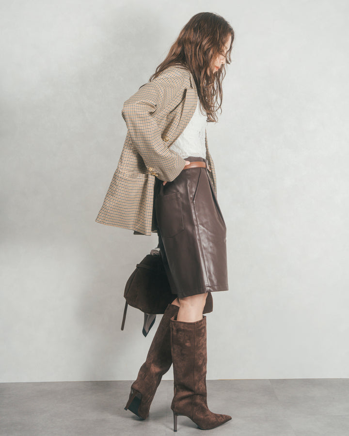 ［SET］Effortless チェックジャケット+レザーライクハーフパンツ（2SET）