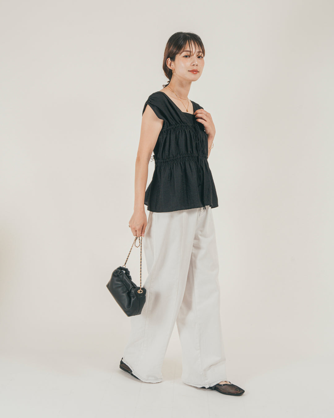 ［SET］リネンタッチShirringリボンブラウス + 10oz ニュアンスバイカラー リラックスワイドデニム（2SET）