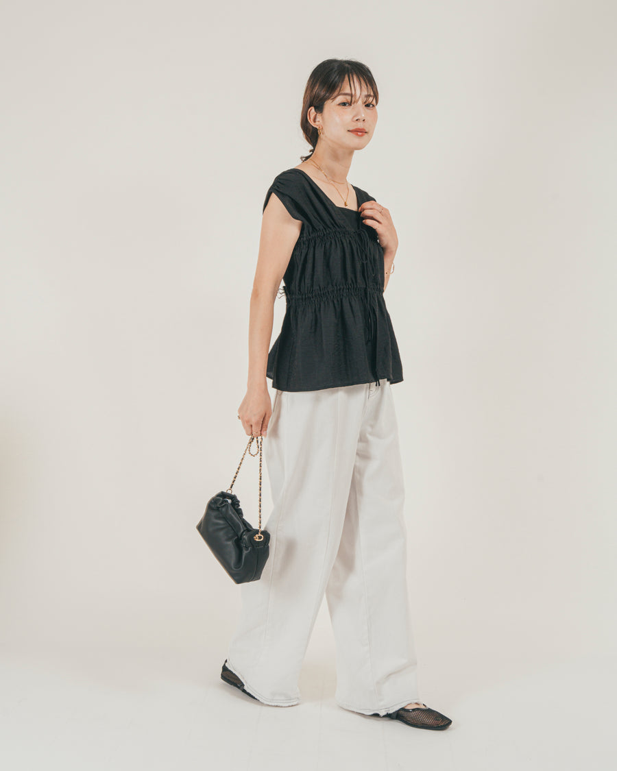［SET］リネンタッチShirringリボンブラウス + 10oz ニュアンスバイカラー リラックスワイドデニム（2SET）