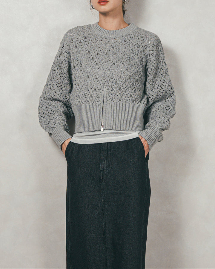 ［SET］透かし編みフロントスリットニット+フロントスリット Iラインデニムスカート（2SET）