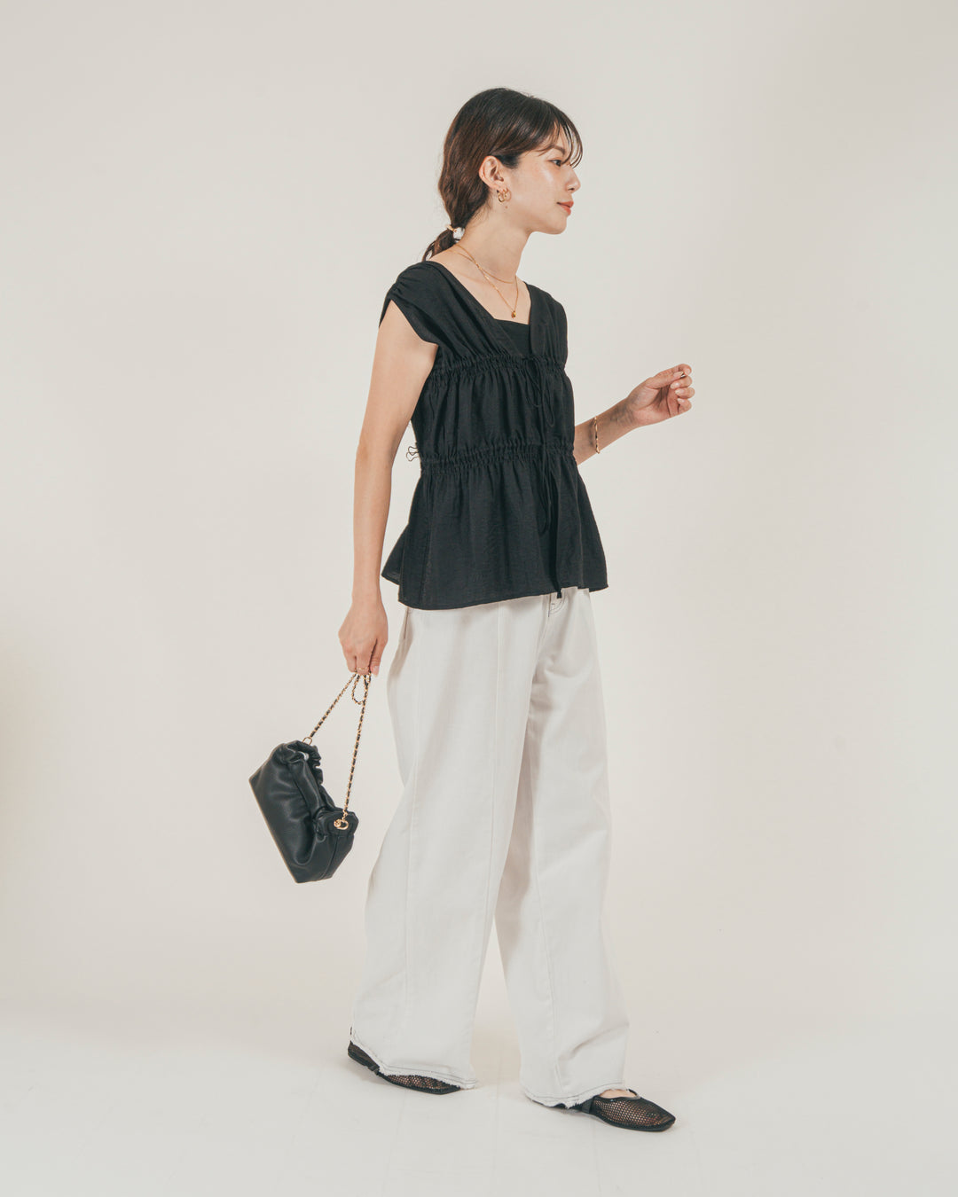 ［SET］リネンタッチShirringリボンブラウス + 10oz ニュアンスバイカラー リラックスワイドデニム（2SET）