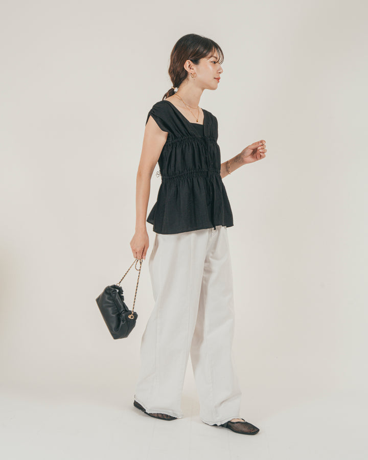 ［SET］リネンタッチShirringリボンブラウス + 10oz ニュアンスバイカラー リラックスワイドデニム（2SET）