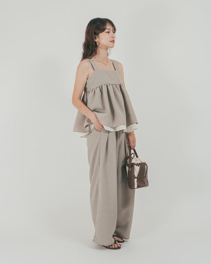 ［SET］スラブTweedバイカラーティアードキャミ + スラブTweedタックワイドパンツ（2SET）
