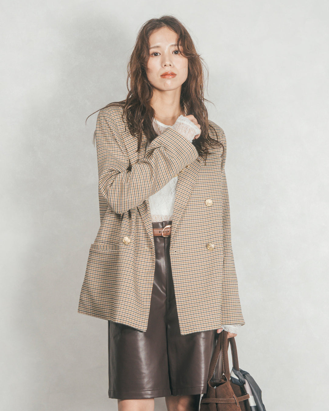 ［SET］Effortless チェックジャケット+レザーライクハーフパンツ（2SET）