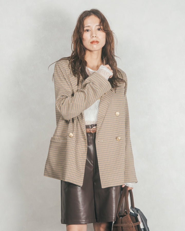［SET］Effortless チェックジャケット+レザーライクハーフパンツ（2SET）