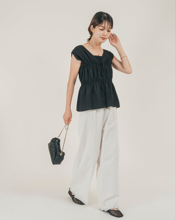 ［SET］リネンタッチShirringリボンブラウス + 10oz ニュアンスバイカラー リラックスワイドデニム（2SET）