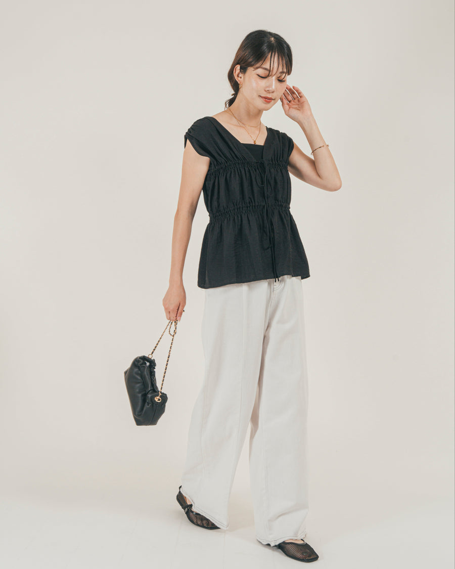［SET］リネンタッチShirringリボンブラウス + 10oz ニュアンスバイカラー リラックスワイドデニム（2SET）