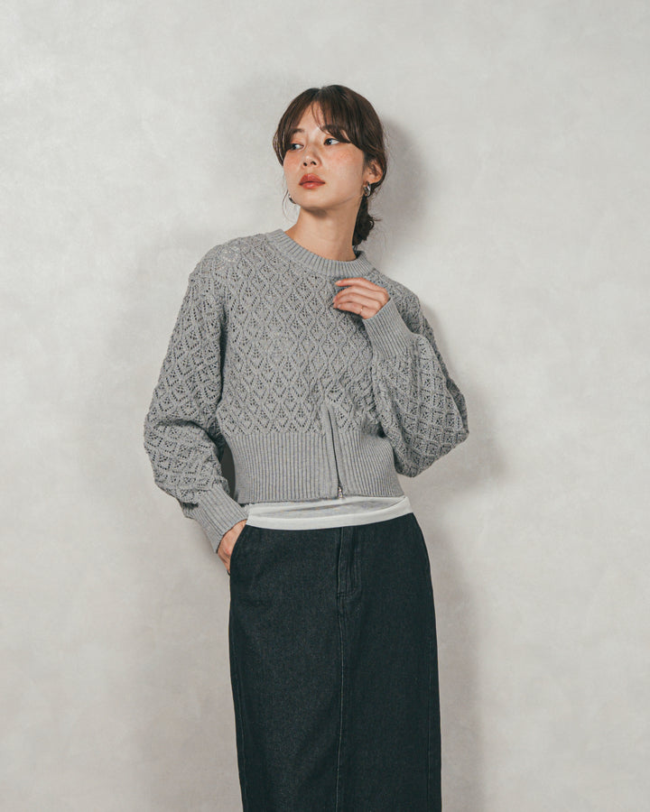 ［SET］透かし編みフロントスリットニット+フロントスリット Iラインデニムスカート（2SET）