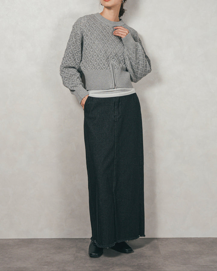 ［SET］透かし編みフロントスリットニット+フロントスリット Iラインデニムスカート（2SET）