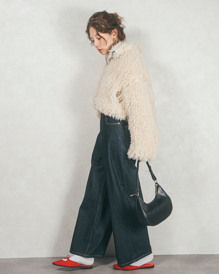 ［SET］プードルボアZipショートコート+ワイドTuckイージーデニム（2SET）