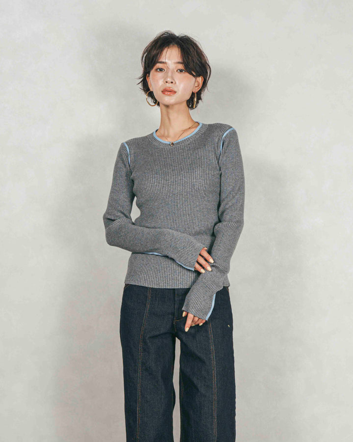 ［SET］バイカラークルーネックニットトップス+センターシーム リラックスワイドデニム（2SET）