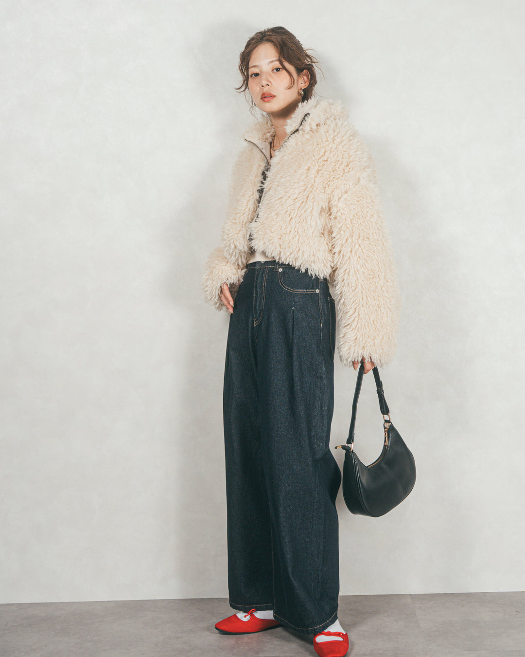 ［SET］プードルボアZipショートコート+ワイドTuckイージーデニム（2SET）