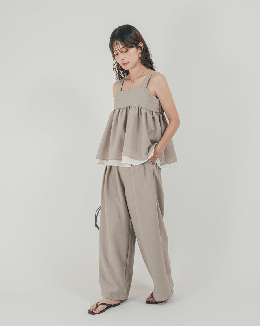 ［SET］スラブTweedバイカラーティアードキャミ + スラブTweedタックワイドパンツ（2SET）
