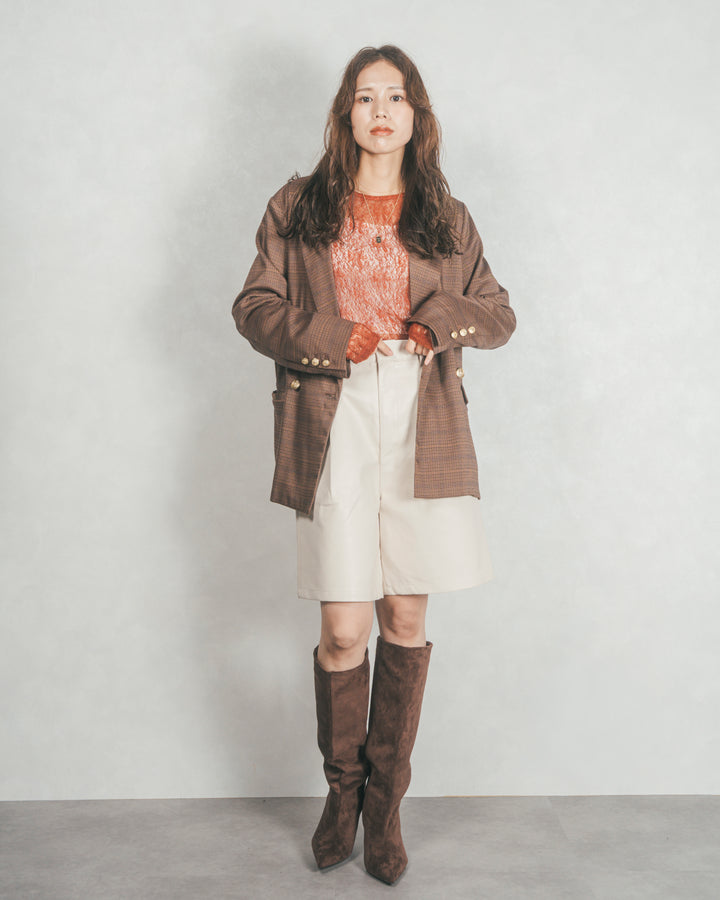 ［SET］Effortless チェックジャケット+レザーライクハーフパンツ（2SET）