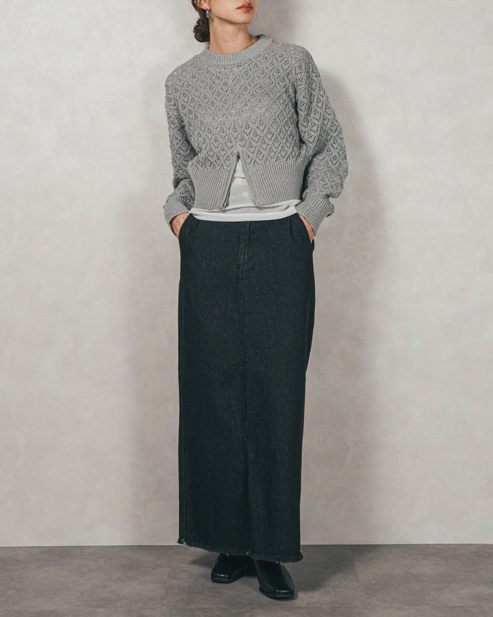 ［SET］透かし編みフロントスリットニット+フロントスリット Iラインデニムスカート（2SET）