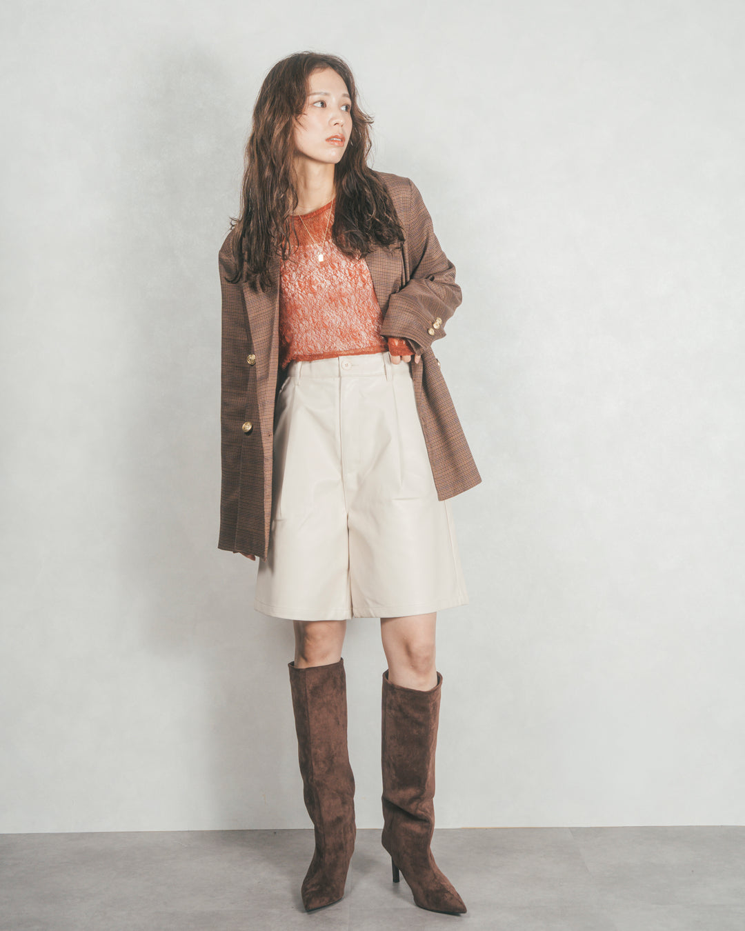 ［SET］Effortless チェックジャケット+レザーライクハーフパンツ（2SET）